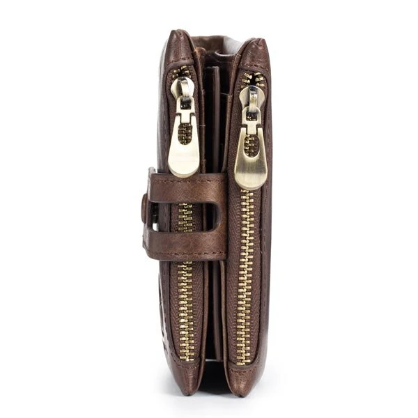 (image for) BULLCAPTAIN Mens Retro Genuine Leather Wallet RFID Anti-thef Multicard Slot Wallet Card Holder Double Zipper Coin Purse Cowhide Leather Wallet